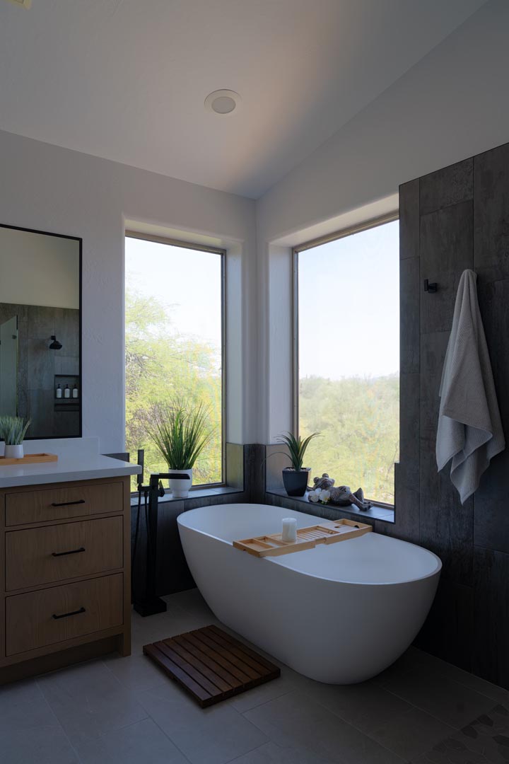 Tiled shower and vanity detail in the finished Scottsdale bathroom