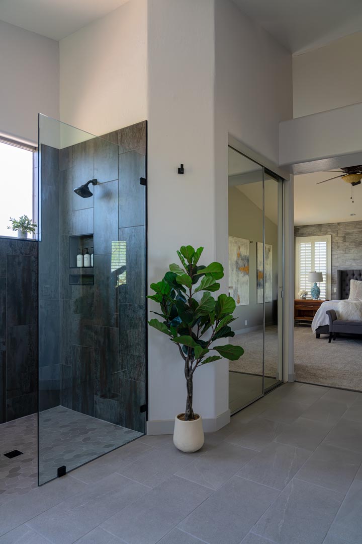 Floating vanity and tile detail in the finished Fountain Hills bathroom